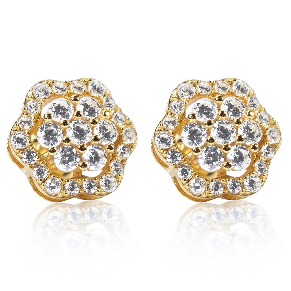 Pretty Yellow Gold Sterling Silver Rave Flower Cluster HipHop ScrewBack Earrings